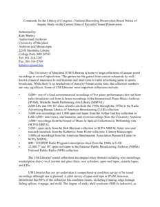 Comments for the Library of Congress - National Recording Preservation Board Notice of Inquiry Study on the Current State of Recorded Sound Preservation