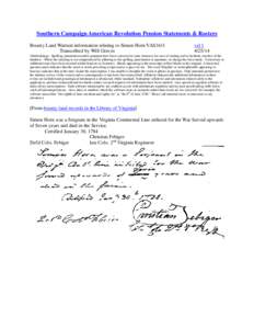 Southern Campaign American Revolution Pension Statements & Rosters Bounty Land Warrant information relating to Simon Horn VAS1611 Transcribed by Will Graves vsl[removed]