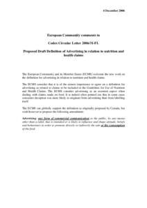 4 December[removed]European Community comments to Codex Circular Letter[removed]FL Proposed Draft Definition of Advertising in relation to nutrition and health claims