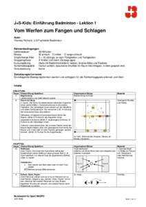 J+S-Kids: Einführung Badminton - Lektion 1  Vom Werfen zum Fangen und Schlagen Autor Thomas Richard, J+S-Fachleiter Badminton Rahmenbedingungen