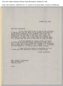 From John Tasker Howard to Evelyn Foster Morneweck, October 23, 1933 Foster Hall Collection, CAM.FHC[removed], Center for American Music, University of Pittsburgh. 