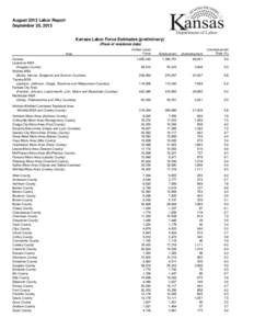 August 2013 Labor Report September 20, 2013 Kansas Labor Force Estimates (preliminary) (Place of residence data) Civilian Labor Force