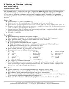 A System for Effective Listening and Note Taking Academic Success Center You can think about 4 TIMES FASTER than a lecturer can speak. Effective LISTENING requires the expenditure of energy; to compensate for the rate of