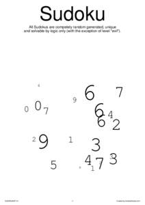 Sudoku All Sudokus are competely random generated, unique and solvable by logic only (with the exception of level 