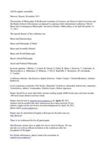 Call for papers (extended) Moscow, Russia, November 2011 The Institute of Philosophy of the Russian Academy of Sciences, the Moscow State University and the Higher School of Economics are pleased to announce their intern
