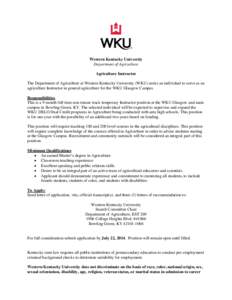 Western Kentucky University Department of Agriculture Agriculture Instructor The Department of Agriculture at Western Kentucky University (WKU) seeks an individual to serve as an agriculture Instructor in general agricul
