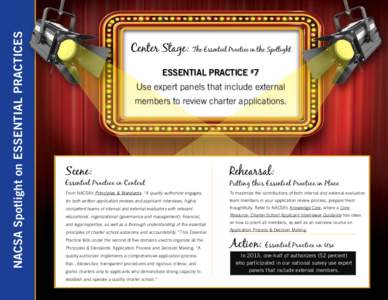 NACSA Spotlight on Essential Practices  Center Stage: The Essential Practice in the Spotlight Essential Practice #7 Use expert panels that include external members to review charter applications.