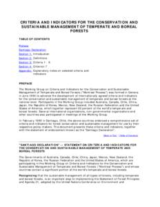 CRITERIA AND INDICATORS FOR THE CONSERVATION AND SUSTAINABLE MANAGEMENT OF TEMPERATE AND BOREAL FORESTS TABLE OF CONTENTS Preface Santiago Declaration