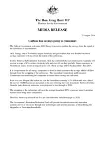 Carbon Tax savings going to consumers - media release 21 August 2014