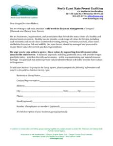 North Coast State Forest Coalition c/o Northwest Steelheaders 6641 SE Lake Rd. • Milwaukie OR[removed]4176 • [removed] www.forestlegacy.org