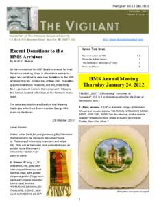 The Vigilant Vol.1.3 (Dec[removed]December 2012 Volume 1, Issue 3 T HE V IGILANT Newsletter of The Hermann Monument Society