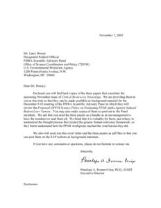 Cover letter for background material for December 9, 2003 Meeting