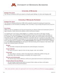 University of Minnesota Strategic Plan Vision The University of Minnesota will be pre-eminent in solving the grand challenges of a diverse and changing world. University of Minnesota Rochester Strategic Plan Vision