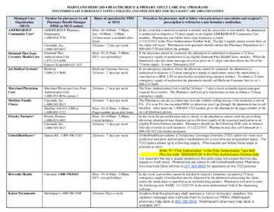 MARYLAND MEDICAID  HEALTHCHOICE & PRIMARY ADULT CARE (PAC) PROGRAMS NON-FORMULARY EMERGENCY SUPPLY POLICIES AND PROCEDURES FOR MANAGED CARE ORGANIZATIONS Managed Care Organization (MCO) AMERIGROUP