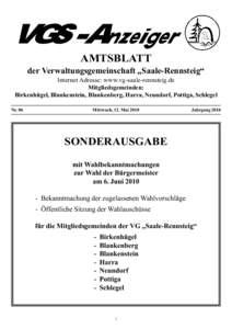 VGS-Anzeiger AMTSBLATT der Verwaltungsgemeinschaft „Saale-Rennsteig“ Internet Adresse: www.vg-saale-rennsteig.de Mitgliedsgemeinden: