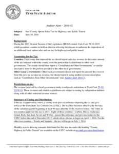 OFFICE OF THE  UTAH STATE AUDITOR Auditor Alert – Subject:
