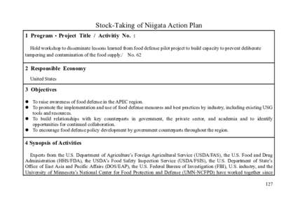 Stock-Taking of Niigata Action Plan 1 Program・Project Title / Activitiy No. : Hold workshop to disseminate lessons learned from food defense pilot project to build capacity to prevent deliberate tampering and contamina