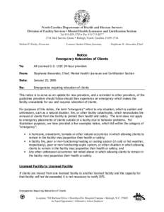 NC DHSR MHLCS: Emergencies requiring relocation of clients