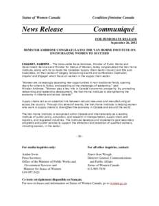 Status of Women Canada  Condition féminine Canada News Release