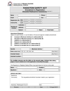 Government of Western Australia RADIOLOGICAL COUNCIL RADIATION SAFETY ACT Amendment to Registration: Unsealed Radioactive Substances (See Note 1)