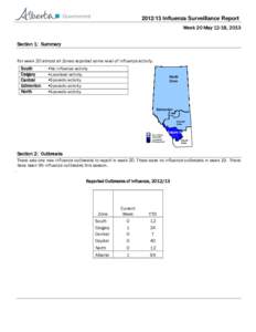 [removed]Influenza Surveillance Report Week 20 May 12-18, 2013 Section 1: Summary For week 20 almost all Zones reported some level of influenza activity. South Calgary