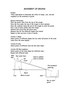 MOVEMENT OF GRAINS Purpose Three experiments to determine the effect of shape, size, and bed roughness on the movement of grains. General instructions Place the grains 10cm from the top of the trough.