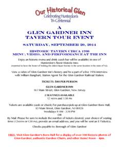 A GLEN GARDNER INN Tavern Tour EVENT SATURDAY, SEPTEMBER 20, 2014 HISTORIC TAVERN circa 1760 MENU, VIDEO, AND PERFORMANCE AT the INN