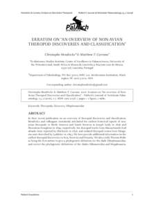 Hendrickx & Carrano, Erratum on Non-Avian Theropods  PalArch’s Journal of Vertebrate Palaeontology, 13, ERRATUM ON “AN OVERVIEW OF NON-AVIAN THEROPOD DISCOVERIES AND CLASSIFICATION”