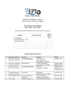 WVPT-DT, Staunton, Virginia WVPY-DT, Front Royal, Virginia EEO PUBLIC FILE REPORT June 1, 2010 – May 31, 2011 Positions filled and recruitment sources used as part of the process: Position