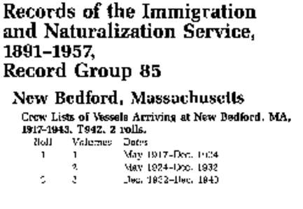 Records of the Immigration and Naturalization Service, [removed], Record Group 85 New Bedford, Massachusetts Crew Lists of Vessels Arriving at New Bedford, MA,