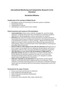 International	
  Monitoring	
  and	
  Comparative	
  Research	
  in	
  Arts	
   Education	
   Resolution	
  Minutes	
      Possible	
  goals	
  of	
  the	
  meeting	
  in	
  Wildbad	
  Kreuth	
  