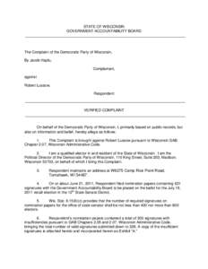 STATE OF WISCONSIN GOVERNMENT ACCOUNTABILITY BOARD The Complaint of the Democratic Party of Wisconsin, By Jacob Hajdu, Complainant,