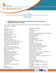 St. Elizabeths East Responses to Questions for the Request for Expressions of Interest for an Academic and Research Anchor May 9, [removed]Will DMPED release the names of the points of contact at each University and organ