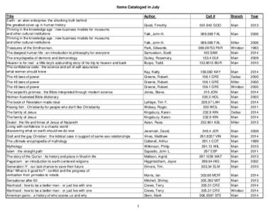 Items Cataloged in July Title Earth : an alien enterprise: the shocking truth behind the greatest cover-up in human history Thriving in the knowledge age : new business models for museums and other cultural institutions