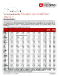 Profile June 2016 State and County Population Estimates for Utah: Introduction and Summary