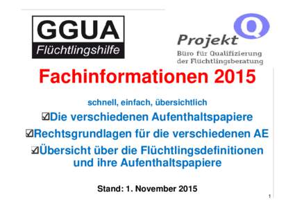 Fachinformationen 2015 schnell, einfach, übersichtlich Die verschiedenen Aufenthaltspapiere Rechtsgrundlagen für die verschiedenen AE Übersicht über die Flüchtlingsdefinitionen