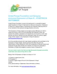    	
   United Pompe Foundation and Genzyme announce Expression of Hope III – STARTING IN