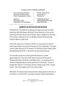 ISLAND COUNTY HEARING EXAMINER Re: Critical Areas Alteration Shoreline Conditional Use Public Transportation & Utility Applicant: Washington State