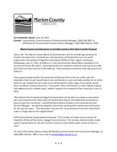 For immediate release: June 19, 2012 Contact: Jolene Kelley, Communications & Administrative Manager, ([removed]or Jeff Bickford, Environmental Services Division Manager, ([removed]ext[removed]Marion County Commi