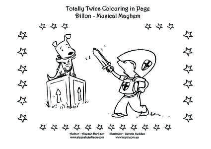 Totally Twins Colouring in Page Dillon - Musical Mayhem Author - Aleesah Darlison www.aleesahdarlison.com