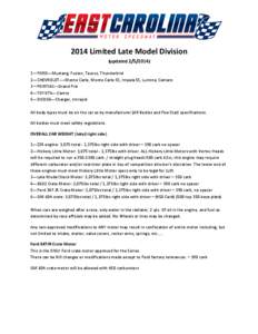 2014 Limited Late Model Division (updated[removed]—FORD---Mustang, Fusion, Taurus, Thunderbird 2---CHEVROLET----Monte Carlo, Monte Carlo SS, Impala SS, Lumina, Camaro 3—PONTIAC---Grand Prix 4---TOYOTA---Camry