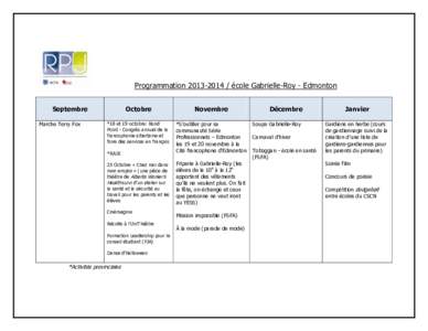 Programmation[removed] / école Gabrielle-Roy - Edmonton Septembre Marche Terry Fox Octobre