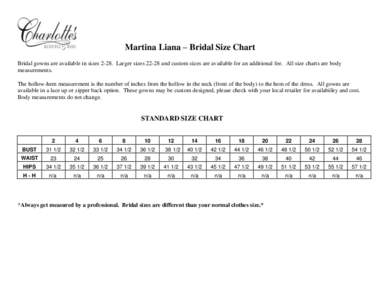 Martina Liana – Bridal Size Chart Bridal gowns are available in sizesLarger sizesand custom sizes are available for an additional fee. All size charts are body measurements. The hollow-hem measurement is 