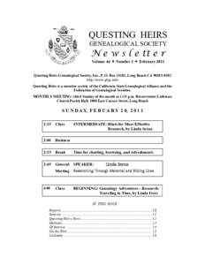 QUESTING HEIRS GENEALOGICAL SOCIETY N e w s l e tt e r Volume 44  Number 2  February 2011