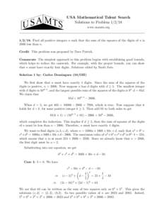 USA Mathematical Talent Search Solutions to Problem[removed]www.usamts.org[removed]Find all positive integers n such that the sum of the squares of the digits of n is 2006 less than n.