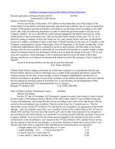 Southern Campaign American Revolution Pension Statements Pension application of Francis Newby S41923 fn19NC Transcribed by Will Graves District of North Carolina On this second day of December 1819, before me the Subscri