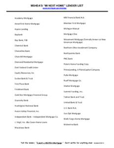 MSHDA’S “MI NEXT HOME” LENDER LIST www.michigan.gov/mshda/ Academy Mortgage  MB Financial Bank N.A.