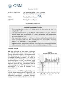 December 10, 2014 MEMORANDUM TO: The Honorable John R. Kasich, Governor The Honorable Mary Taylor, Lt. Governor