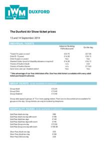 The Duxford Air Show ticket prices 13 and 14 September 2014 INDIVIDUAL TICKETS Advance Booking (10% discount)