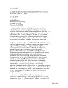 [removed]UNITED STATES ENVIRONMENTAL PROTECTION AGENCY WASHINGTON, D.C[removed]June 22, 1995 Michael Roberts Maintenance Engineering